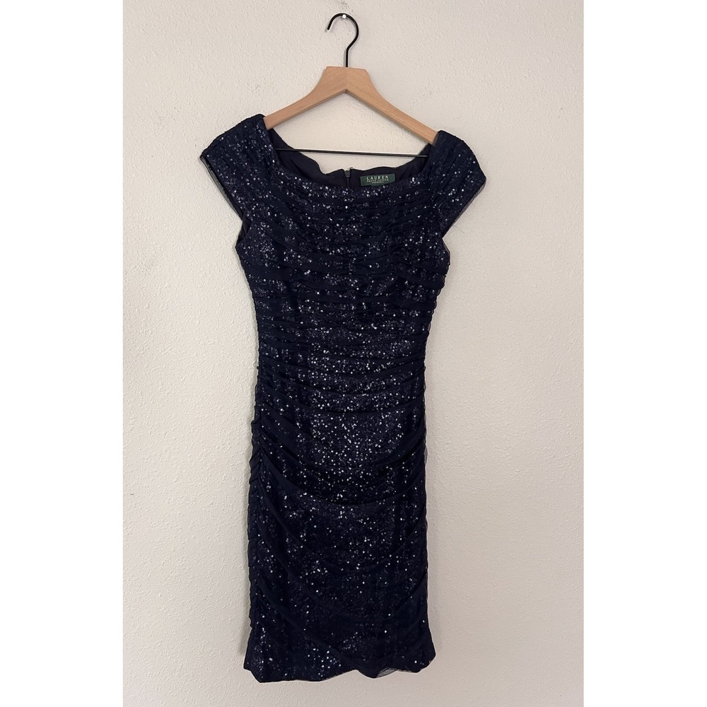 Lauren Ralph Lauren Evening Formal Midi Dress Cap Sleeve Sequin Sz 4 Navy Blue